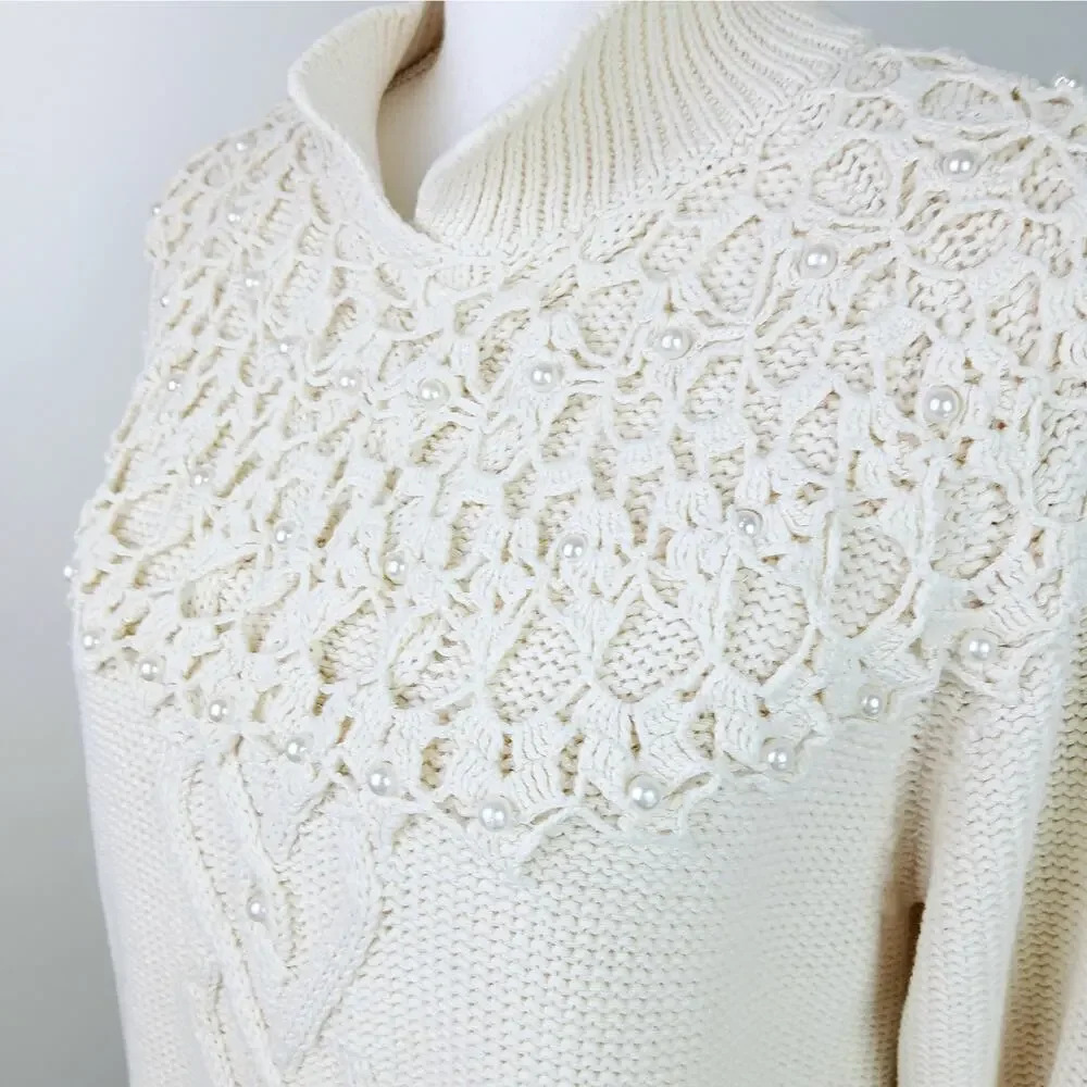 Sarah Taylor Collection VTG SZ M Cable Knit Cream Sweater Crochet Pearls 80's